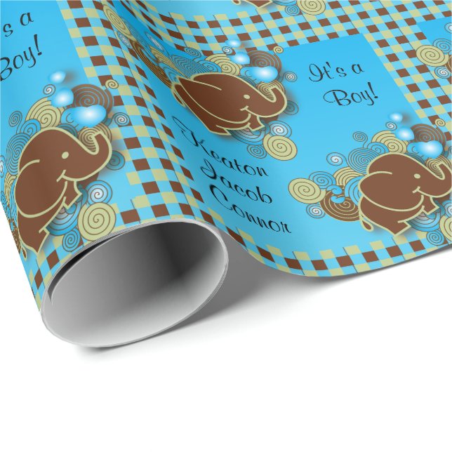 It's A Boy | Baby Elephant | Blue & Brown Plaid Wrapping Paper (Roll Corner)
