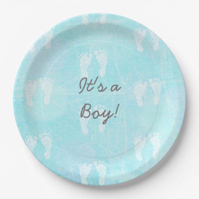 It's a Boy, Baby Footprints Blue Baby Shower Paper Plate (Front)