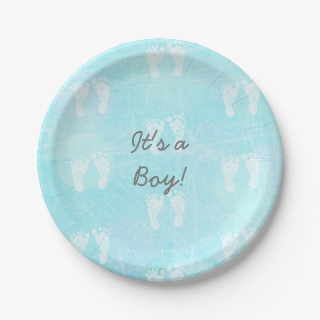 It's a Boy, Baby Footprints Blue Baby Shower Paper Plate (Front)