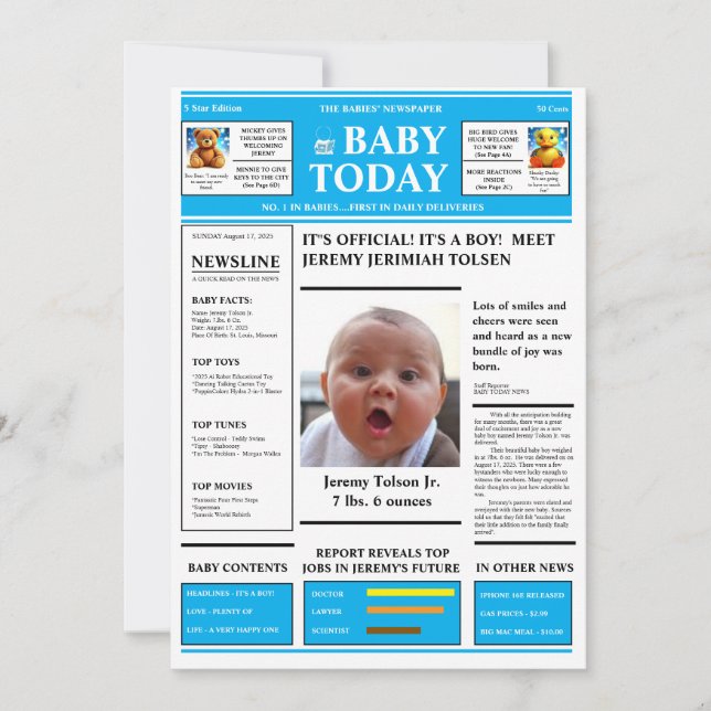  "It's A Boy! BABY NEWSPAPER Baby Announcement (Front)