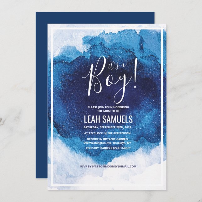 It's a Boy Baby Shower Blue Watercolor Invitation (Front/Back)