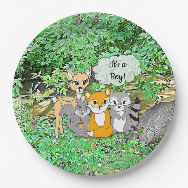 It's a Boy! Baby Shower Forest Animals Themed Paper Plate (Front)
