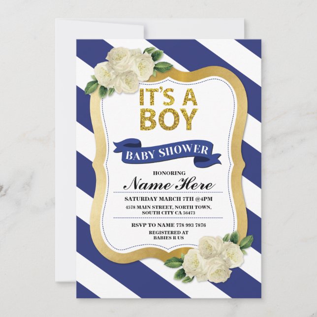 It's A Boy Baby Shower Navy Gold Stripe Invite (Front)