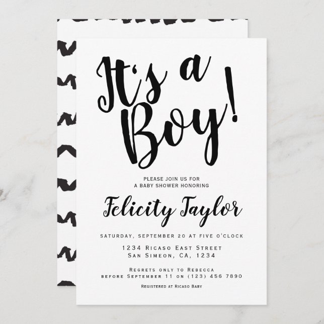 Its A Boy Baby Shower Typography Black White Invitation (Front/Back)