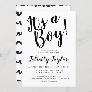 Its A Boy Baby Shower Typography Black White Invitation