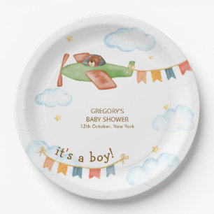 It's A Boy Bear Airplane Sky Baby Shower  Paper Plate