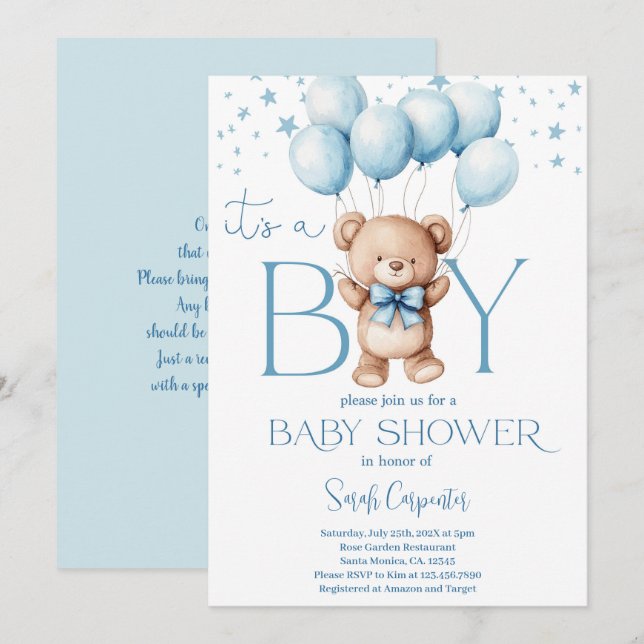 It's a Boy Bear Baby Shower Boy Invitation (Front/Back)
