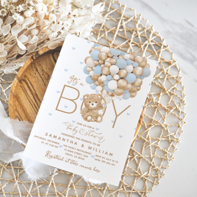 It's a Boy Bear Blue Balloon Heart Baby Shower Invitation (Creator Uploaded)