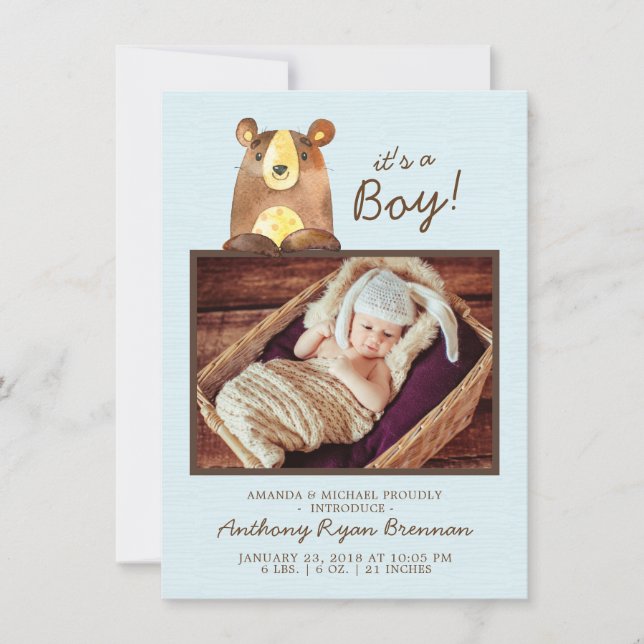 It's a Boy! Bear BoysBaby Photo Birth Announcement (Front)
