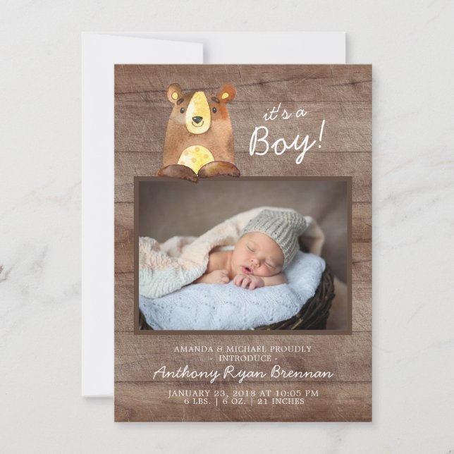 It's a Boy! Bear BoysBaby Photo Birth Announcement (Front)