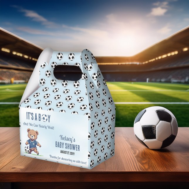 It's A Boy Bearly Wait Soccer Player Baby Shower Favour Box (Cute Blue "It's A Boy and We Can Bearly Wait!" Teddy Bear Soccer Player Boy Baby Shower Favor Box)