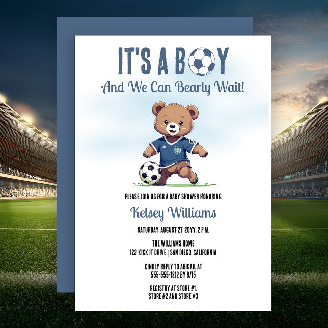 It's A Boy Bearly Wait Soccer Player Baby Shower Invitation (Cute Blue "It's A Boy and We Can Bearly Wait!" Teddy Bear Soccer Player Boy Baby Shower Invitation)