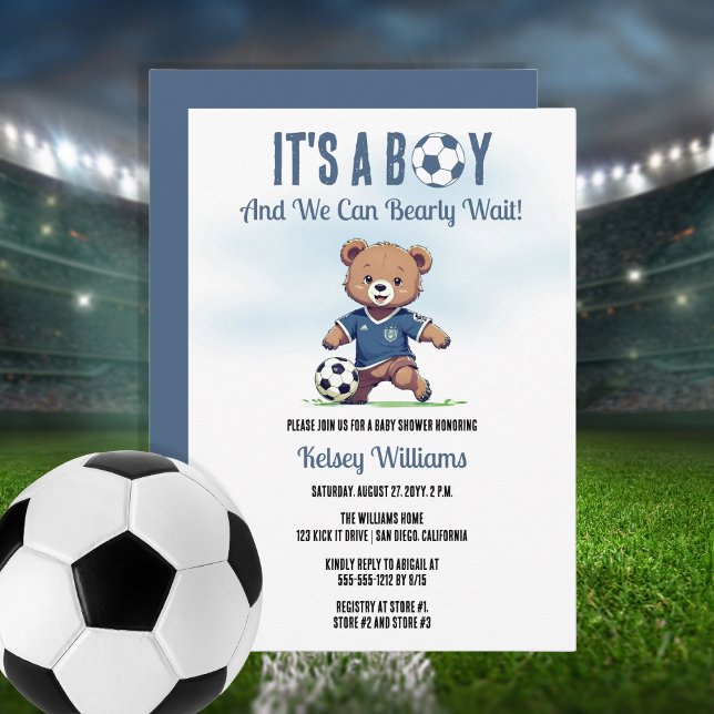 It's A Boy Bearly Wait Soccer Player Baby Shower Invitation (Cute Blue "It's A Boy and We Can Bearly Wait!" Teddy Bear Soccer Player Boy Baby Shower Invitation)