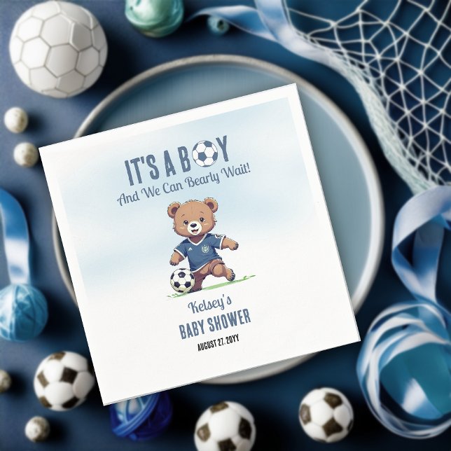 It's A Boy Bearly Wait Soccer Player Baby Shower Napkin (Cute Blue "It's A Boy and We Can Bearly Wait!" Teddy Bear Soccer Player Boy Baby Shower Napkins)