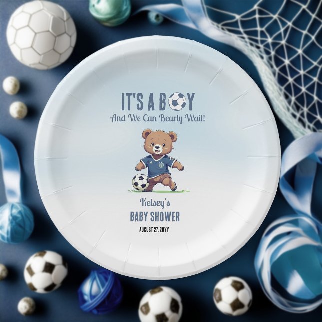 It's A Boy Bearly Wait Soccer Player Baby Shower Paper Plate (Cute Blue "It's A Boy and We Can Bearly Wait!" Teddy Bear Soccer Player Boy Baby Shower Paper Plates)
