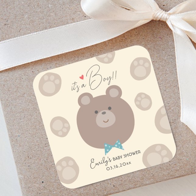 It's a Boy Beary Cute Brown Teddy Bear Baby Shower Square Sticker (Creator Uploaded)