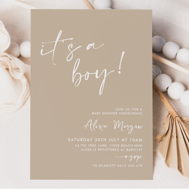 It's a Boy! Beige Minimal Baby Shower Invitation (It's a boy! Beige Baby Shower Invitation)