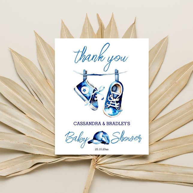 It's a boy blue baby shoes a cap thank you card (It's a boy baby shower thank you card cute baby sneakers baseball cap modern watercolor casual font)