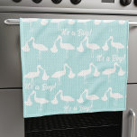 It's a Boy Blue Baby Shower Stork Kitchen Towel<br><div class="desc">A stork delivery just for you to add your name to. A blue and white stork with a baby bundle pattern perfect for blue themed baby nurseries. You can change the background colour to match your scandi nursery theme</div>