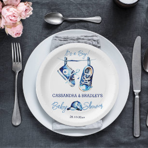 It's a boy blue baby sports shoe cap baby shower paper plate