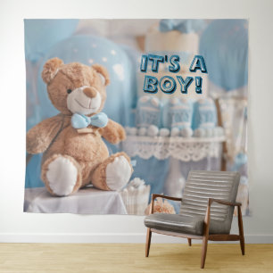 It's a Boy Blue Babyshower Wall Backdrop Banner Tapestry