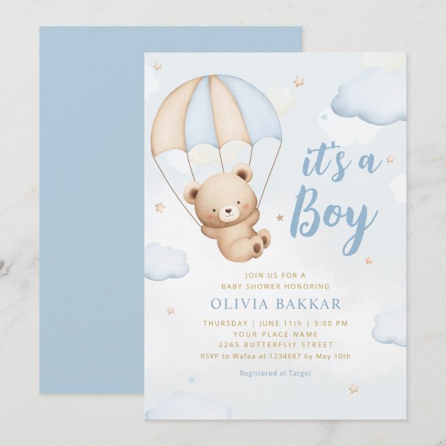 Its a boy blue balloon boho Teddy Bear baby shower Invitation (Front/Back)