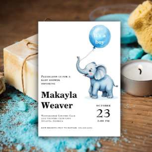 It's a boy blue balloon cute elephant baby shower invitation