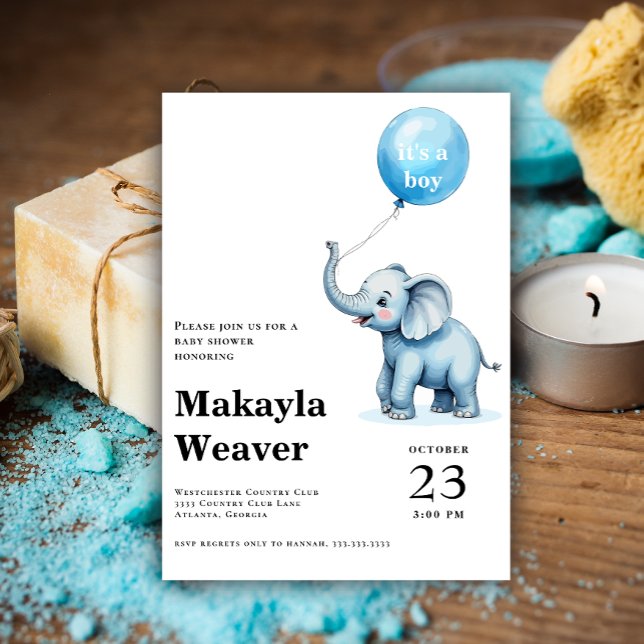 It's a boy blue balloon cute elephant baby shower invitation (Creator Uploaded)