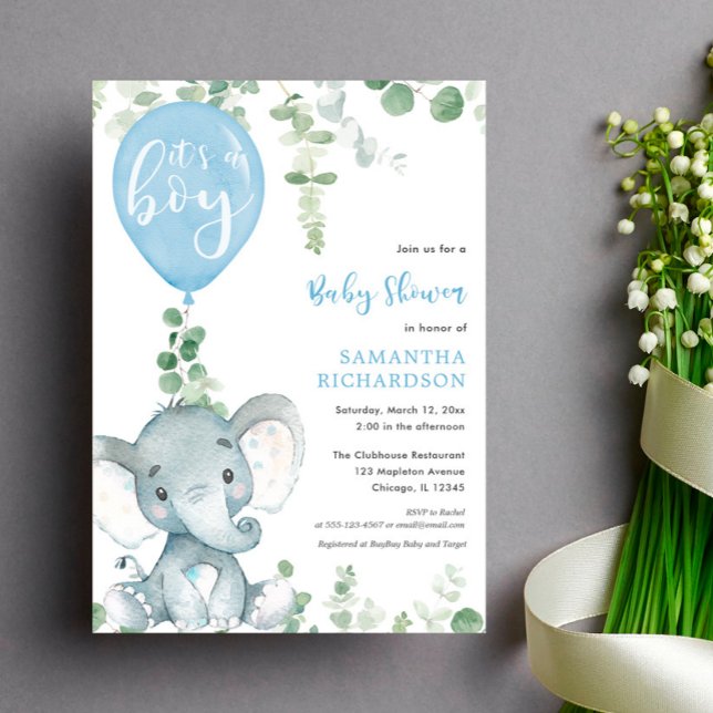 It's a boy blue balloon cute elephant baby shower invitation (Creator Uploaded)