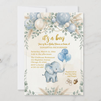 It's a boy blue balloon cute elephant baby shower  invitation