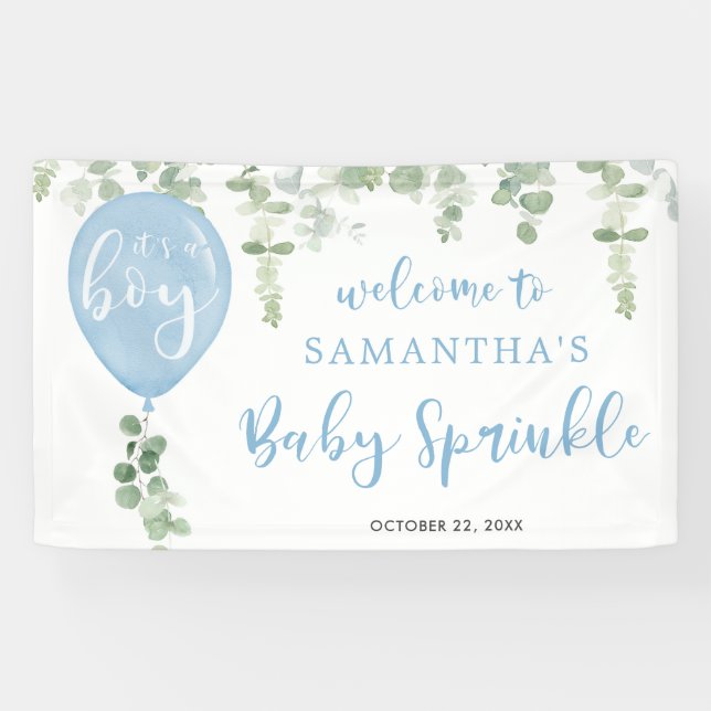 It's a boy blue balloon eucalyptus baby sprinkle banner (Horizontal)