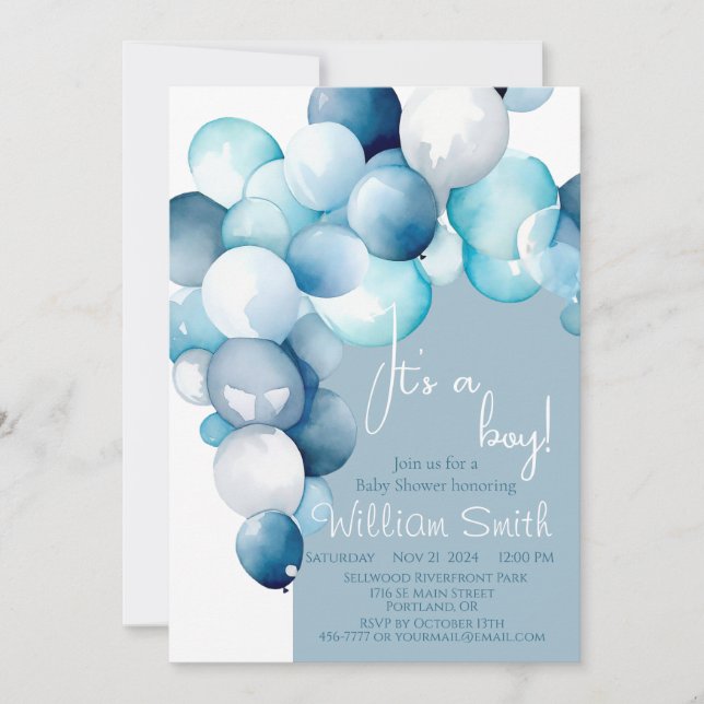 It's a Boy blue balloons arch baby shower Invitation (Front)