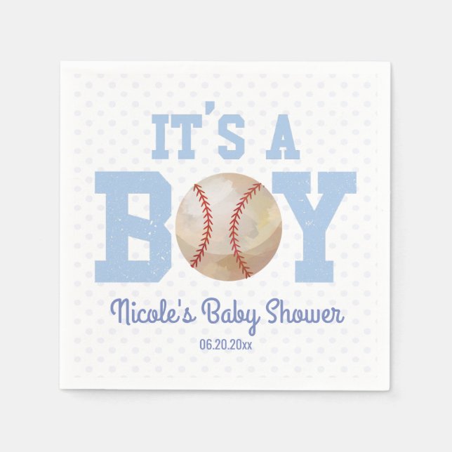 It's A Boy! Blue Baseball Baby Shower Napkin (Front)