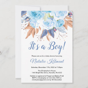 Its a Boy Blue Botanical Floral Boy Baby Shower Invitation
