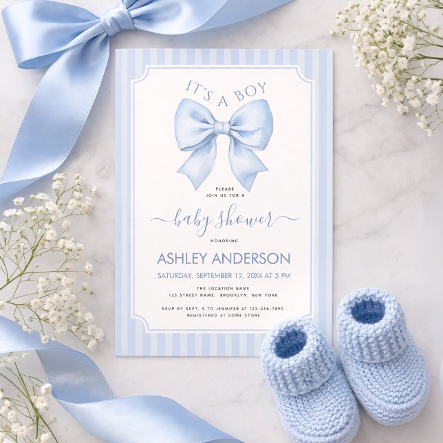 It's a Boy Blue Bow and Stripes Baby Shower Invitation (Creator Uploaded)