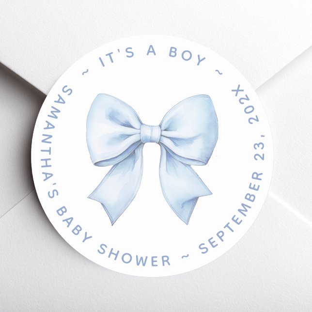 It's a Boy Blue Bow Baby Shower  Classic Round Sticker (Creator Uploaded)