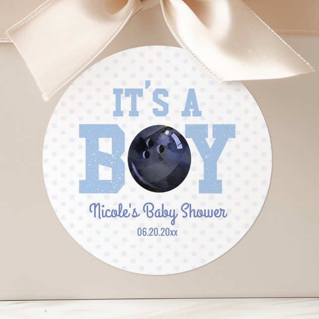 It's A Boy! Blue Bowling Ball Baby Shower Favour Classic Round Sticker (Creator Uploaded)