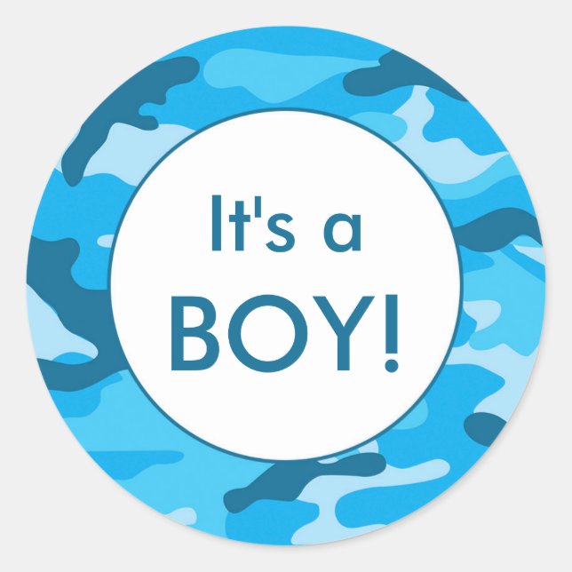 It's a BOY! Blue camo announcement favour stickers (Front)