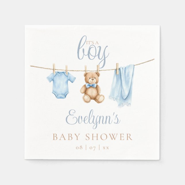 Its A Boy Blue Clothesline Baby Shower Napkin (Front)