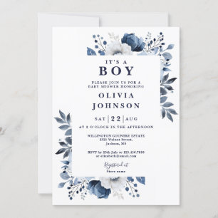 Its A Boy Blue Floral All In One Baby Shower Invitation