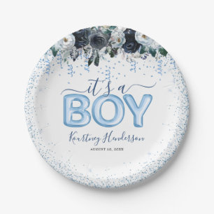 It's a Boy Blue Floral Baby Shower Paper Plate