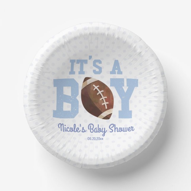 It's A Boy! Blue Football Baby Shower Paper Plate (Front)