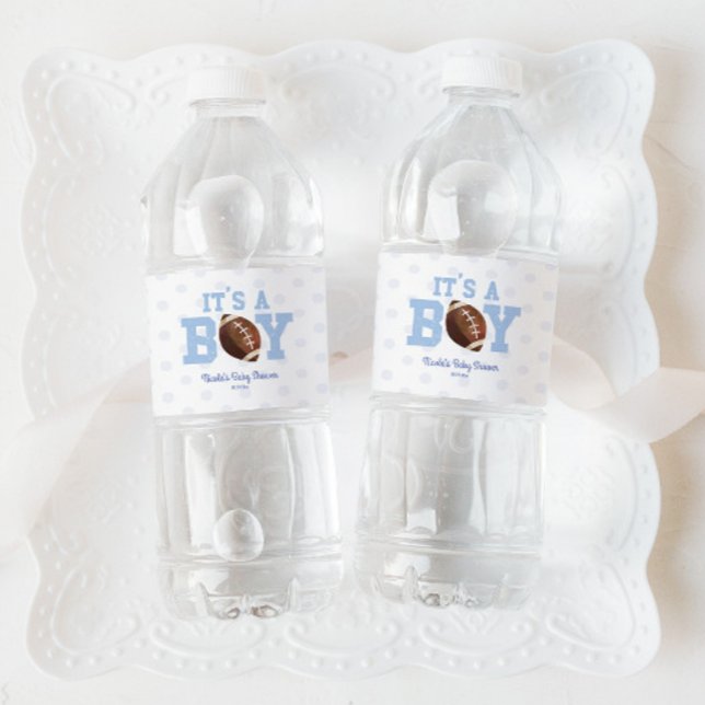 It's A Boy! Blue Football Baby Shower Water Bottle Label (Creator Uploaded)