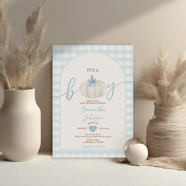 It's A Boy Blue Gingham White Pumpkin Baby Shower Invitation (Creator Uploaded)