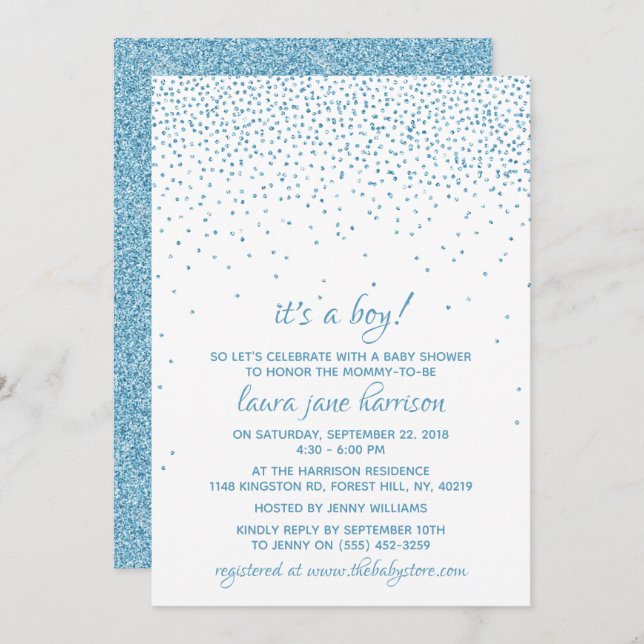 It's a Boy! Blue Glitter Confetti Baby Shower Invitation (Front/Back)
