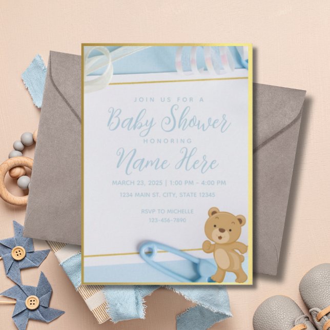 It's a Boy Blue Gold Baby Shower Invitation (Creator Uploaded)