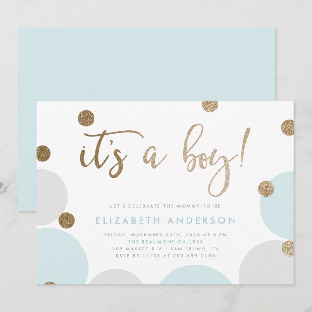 It's a Boy! | Blue & Gold Confetti Baby Shower Invitation (Front/Back)