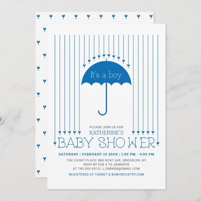 It's a boy | Blue Hearts & Umbrella Baby Shower Invitation (Front/Back)