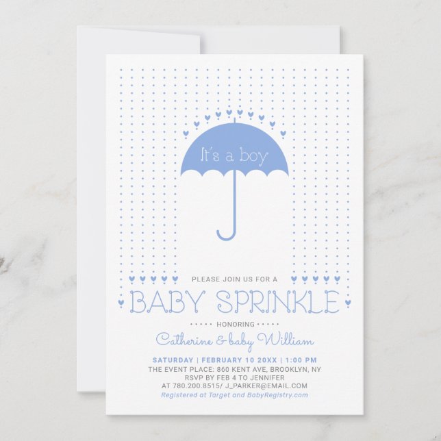 It's a boy | Blue Hearts & Umbrella Baby Sprinkle Invitation (Front)