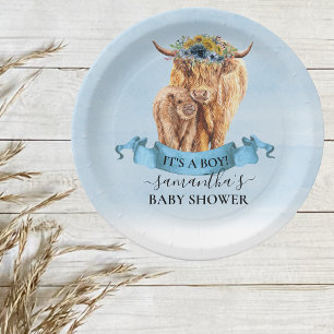 It's a Boy Blue Highland Cow Calf Baby Shower   Paper Plate